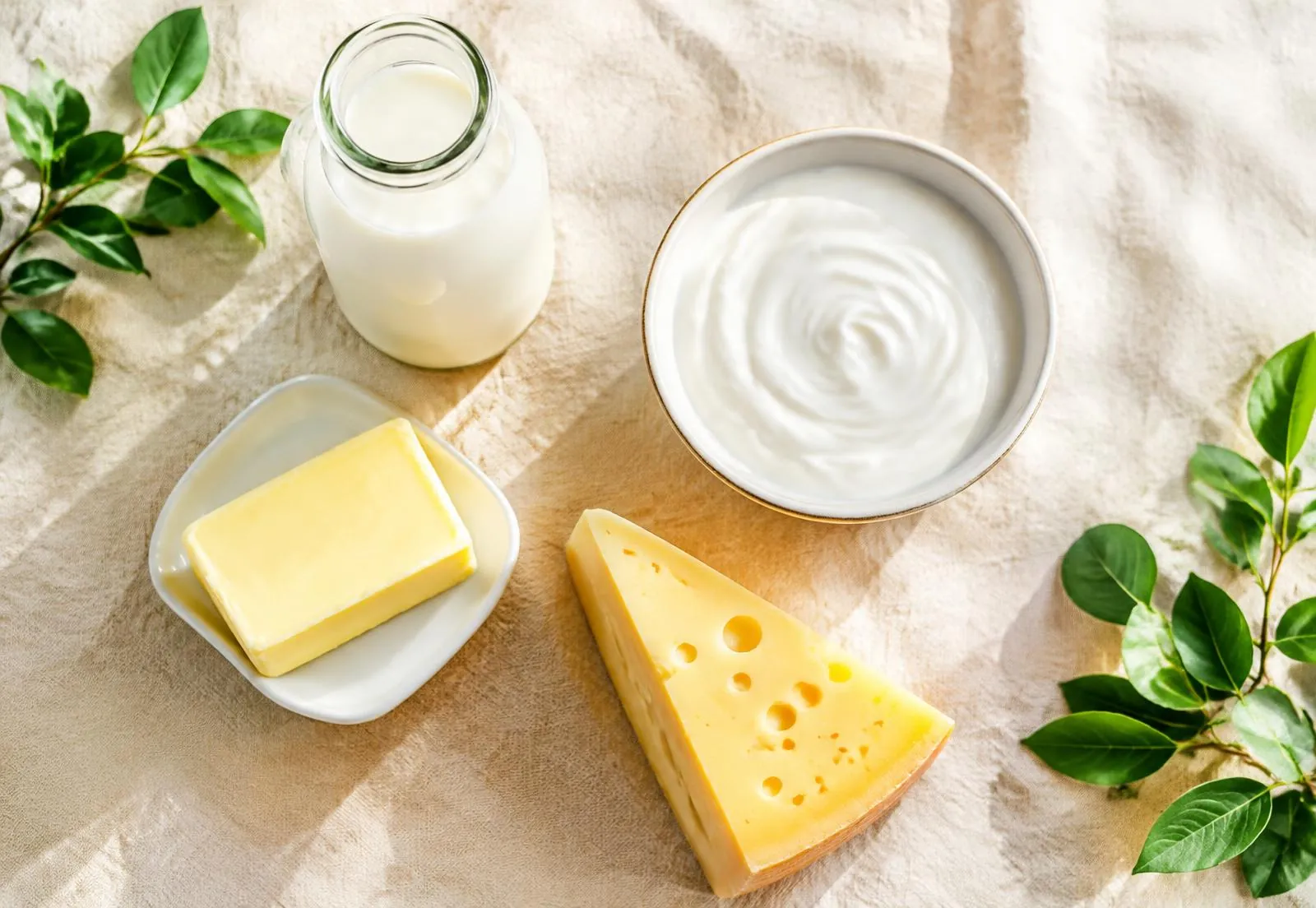 Milk bottle, bowl of yogurt, butter and a wedge of cheese on a linen table